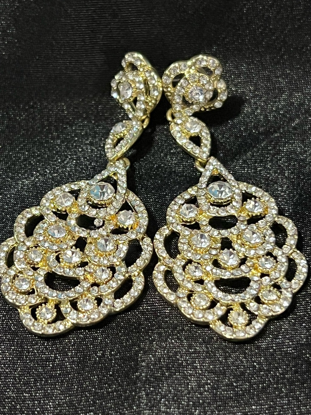 Gold Rhinestone Pageant Earrings Crystal Chandelier Statement 3.25”